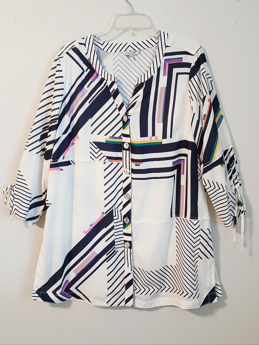 John Mark Geometric Abstract Buttin Up Blouse Top Size Large Artsy
